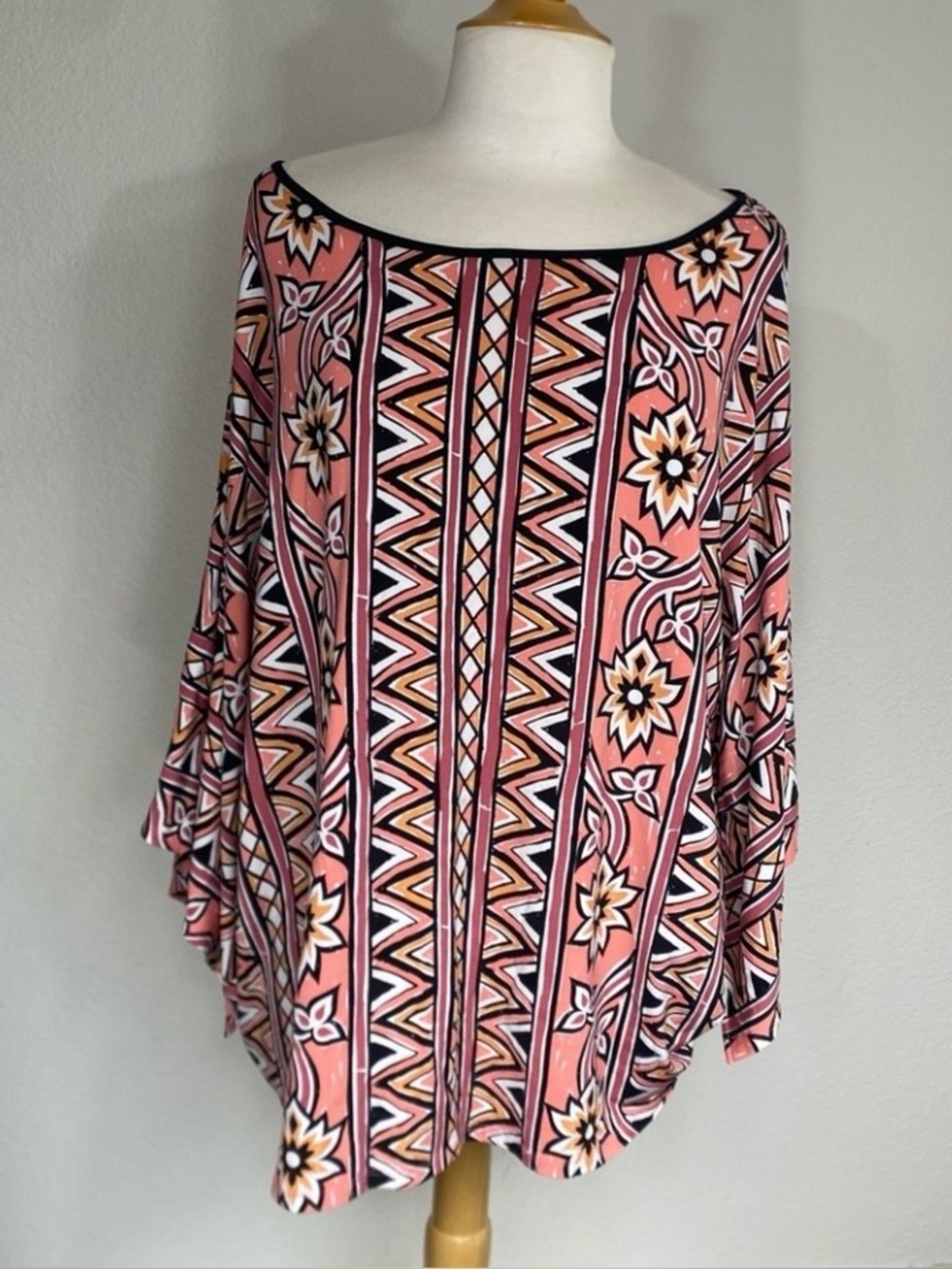 Bob Mackie Women's Coral Aztec Floral Kimono Jersey Tunic Size 2X Boho Hippie